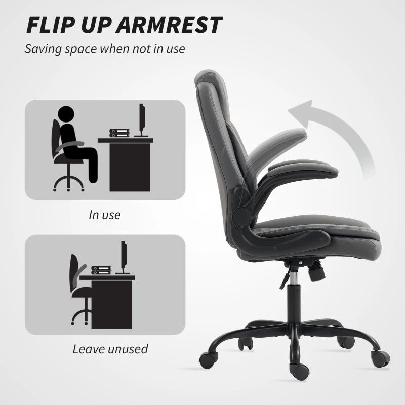 Charcoal grey office chair with flip-up armrests, armrest folded up
