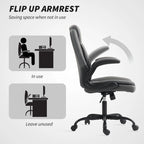 Charcoal grey office chair with flip-up armrests, armrest folded up