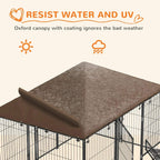 Brown waterproof-style canopy cover for outdoor dog kennel over black wire frame