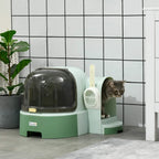 Green 2-in-1 cat litter box with ramp entry, scoop holder, and enclosed dome lid