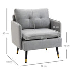 Grey upholstered accent chair with button-tufted back, padded arms, and short legs