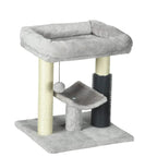 Grey cat tree set with top bed, mid platform, and a dark grey self-groomer scratching cylinder.
