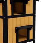 Yellow wooden cat house with front square window opening and lower platform entry