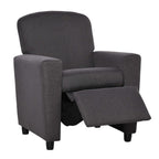 Grey kids armchair sofa with fold-out footrest, upholstered fabric and square arms