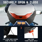 Rear view of black and white motorcycle top box with key lock cylinder