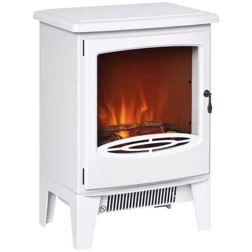 White freestanding electric fireplace stove with LED flame effect and front glass door