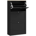 Black shoe storage cabinet with open flip shelves and two front drawers