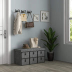 Dark grey six-drawer shoe storage bench with padded top seat and fabric texture