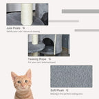 Jute scratching posts and hanging teasing rope on a dark grey plush cat tree.
