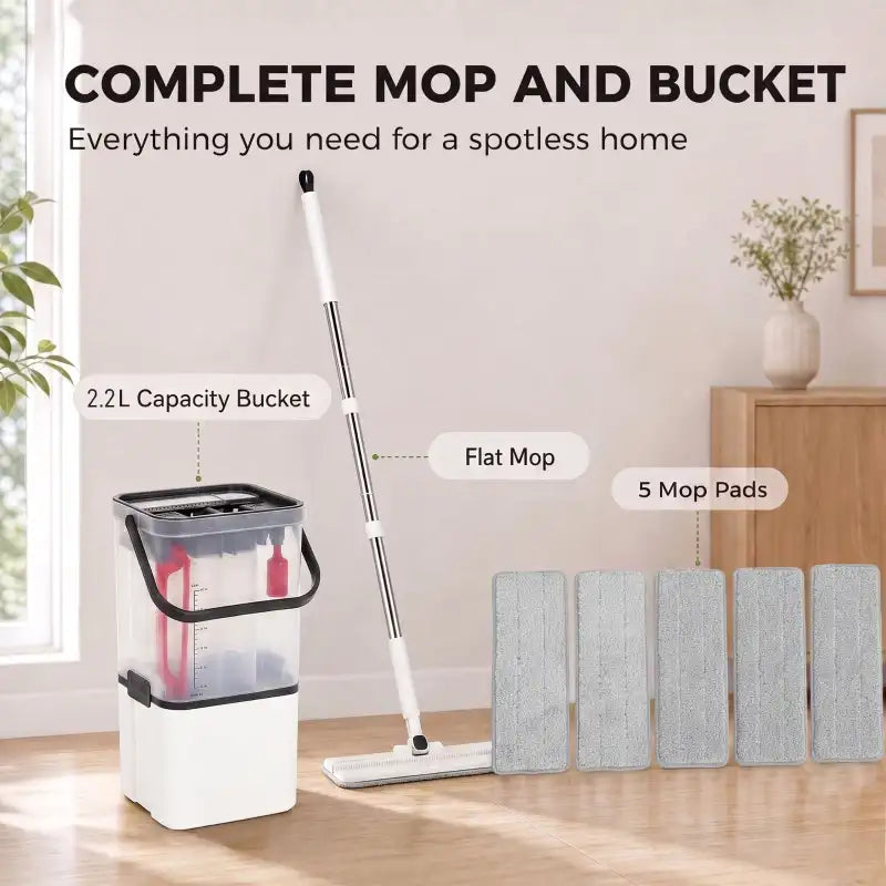 Complete mop and bucket set with 2.2L bucket, flat mop, and five gray pads