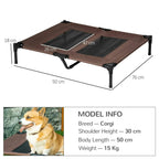 Brown elevated pet bed cot with two dark mesh sections and black metal frame