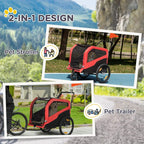 Red and black 2-in-1 pet stroller and bike trailer with handlebar and mesh windows