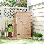 Natural wood outdoor storage shed with closed X-braced door and metal latch