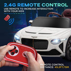 White kids electric car with remote control, hands holding the red controller