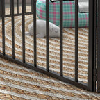 Black dog pen barrier with bars and a bed visible inside through the enclosure