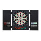 Black electronic dartboard set with cabinet, target face, and 12 soft-tip darts stored on sides