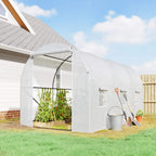 White walk-in polytunnel greenhouse tunnel with open front and mesh side panels