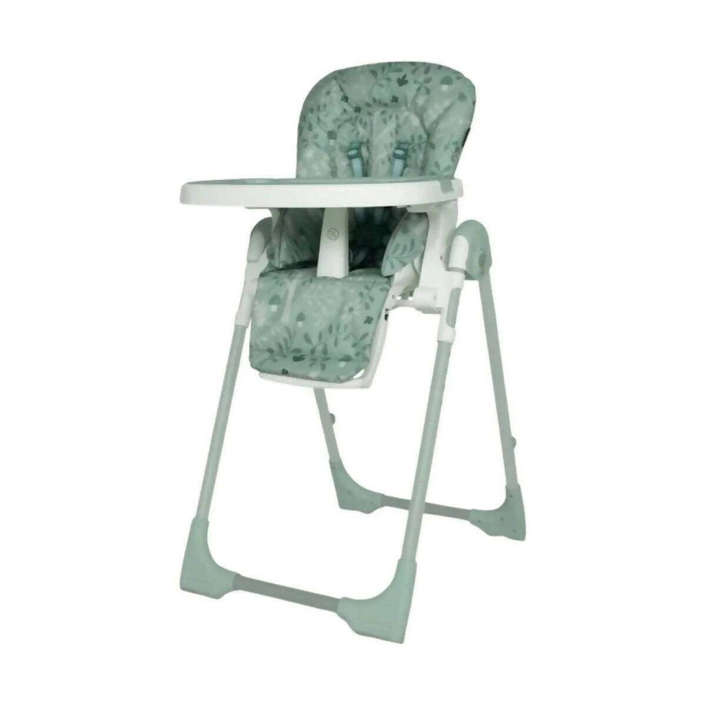 Mint and white high chair with patterned seat, safety straps, and table tray