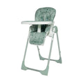 Mint and white high chair with patterned seat, safety straps, and table tray