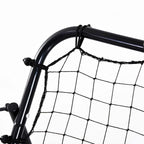 Close-up of black rebounder frame with grid mesh net and corner connector
