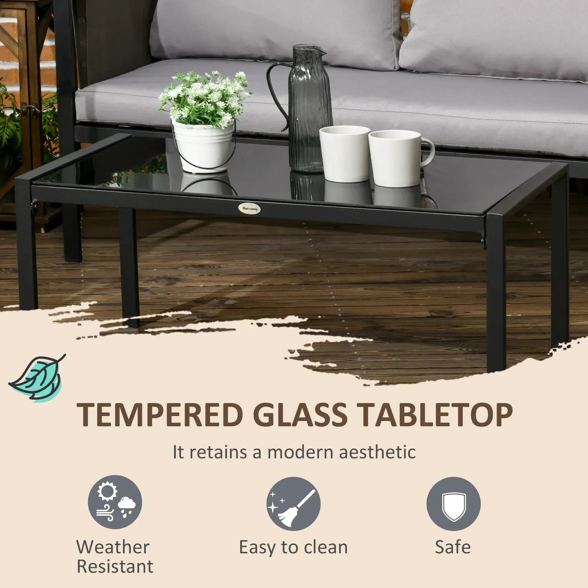 4 Piece Metal Garden Furniture Set with Tempered Glass Coffee Table, Texteline Pocket, Outdoor Set Loveseat Single Armchairs with Padded Cushions, Light Grey - Bobobiy