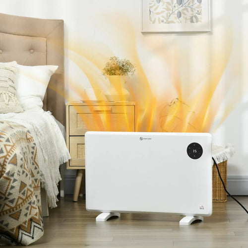 White freestanding electric convector heater with black control dial, showing heating glow.