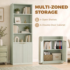 Light green bookcase with 4 open shelves and a double-door cabinet with ribbed panel