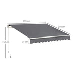 Grey manual awning with scalloped front edge and side support arms