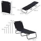 Black adjustable foldable sun lounger with measurement diagram, padded fabric and metal base