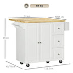 White rolling kitchen island with drop-leaf top, three drawers, and cabinet doors
