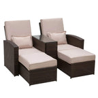 Brown rattan 2-seat sofa lounger set with beige seat cushions and two throw pillows