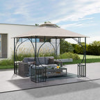 Beige double-tier gazebo canopy top covering an outdoor metal frame structure.