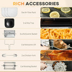 Air fryer accessory set with air flow rack, drip tray, rotisserie basket and lift