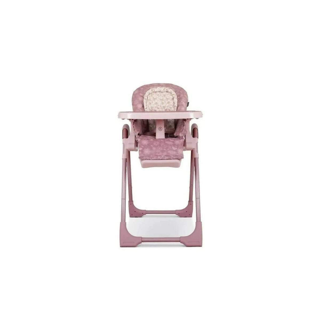 Pink patterned 0+ highchair with padded backrest and tray, folded front view
