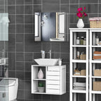 Wall mounted bathroom mirror cabinet with double doors beside a vanity sink