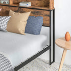 Rustic brown double bed frame side view with steel legs and drawers under the bed