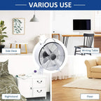 White portable desk fan with front safety grille and adjustable base stand