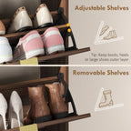 Rustic brown shoe cabinet interior with adjustable shelf holding boots and heels