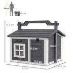 Grey rabbit hutch with open roof and side door; measurements shown on image