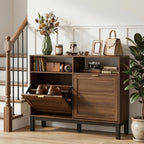 Rustic brown shoe cabinet with flip drawer open and multiple shoe shelves on display
