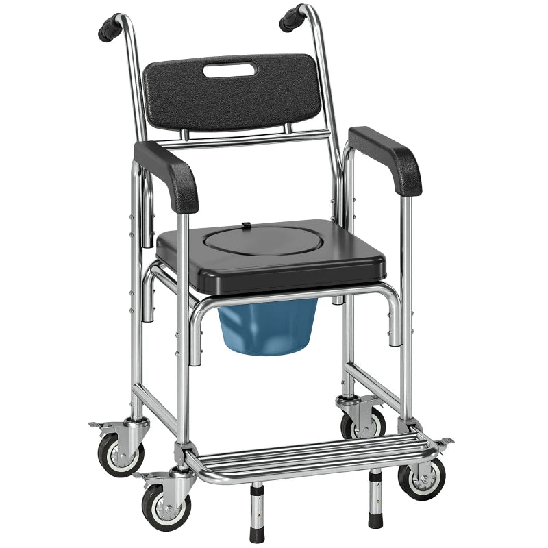 Black commode chair with padded seat, armrests, backrest, and caster wheels