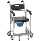 Black commode chair with padded seat, armrests, backrest, and caster wheels
