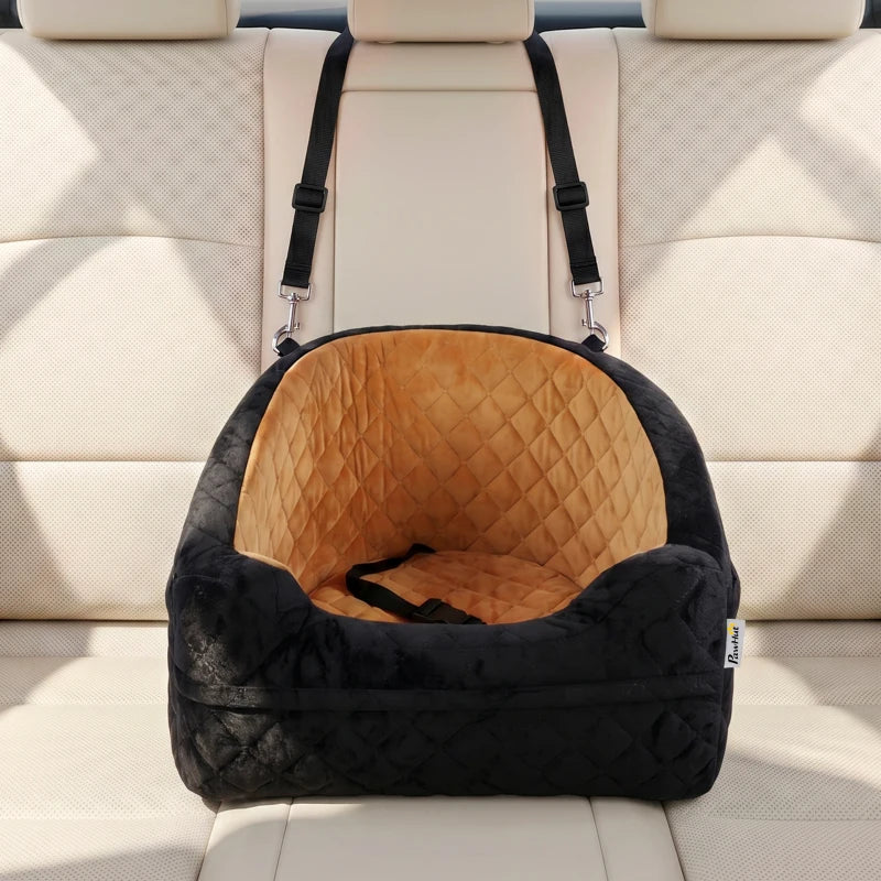 Brown and black dog car booster seat with two adjustable seat belt straps and quilted sides