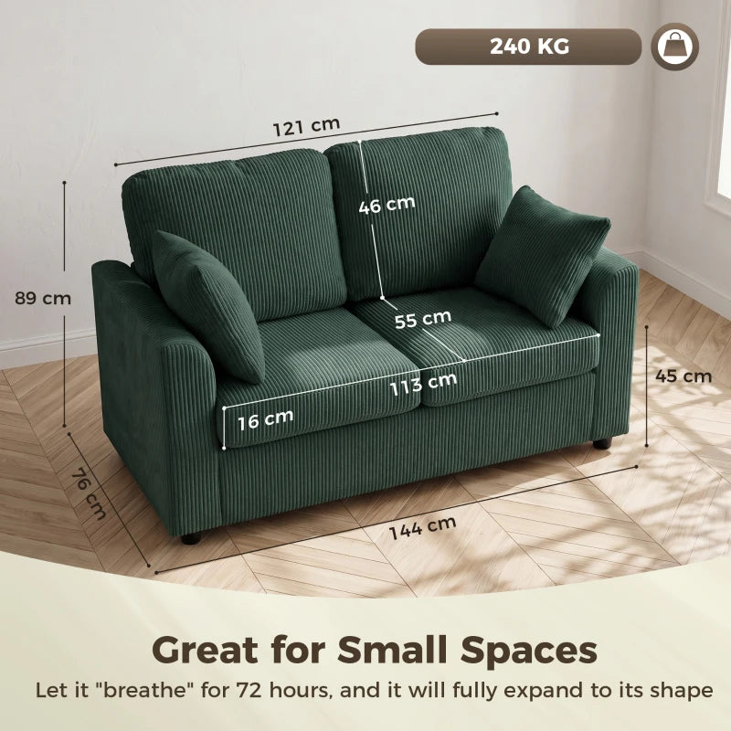 Dark green corduroy 2-seat sofa with wide seat and back cushions