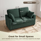 Dark green corduroy 2-seat sofa with wide seat and back cushions