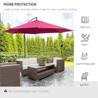 Wine-red hanging patio parasol with large canopy providing shade for outdoor seating