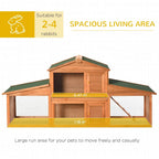 Wooden rabbit hutch with attached run, yellow base, mesh panels and access door.