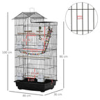 Bird cage with size diagram, black base and multi-level wire bars