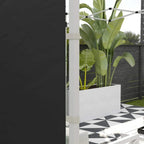 Black gazebo side panel corner with attached window grid panel and white frame post