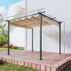 Beige retractable-canopy metal garden pergola with four corner posts and crossbars